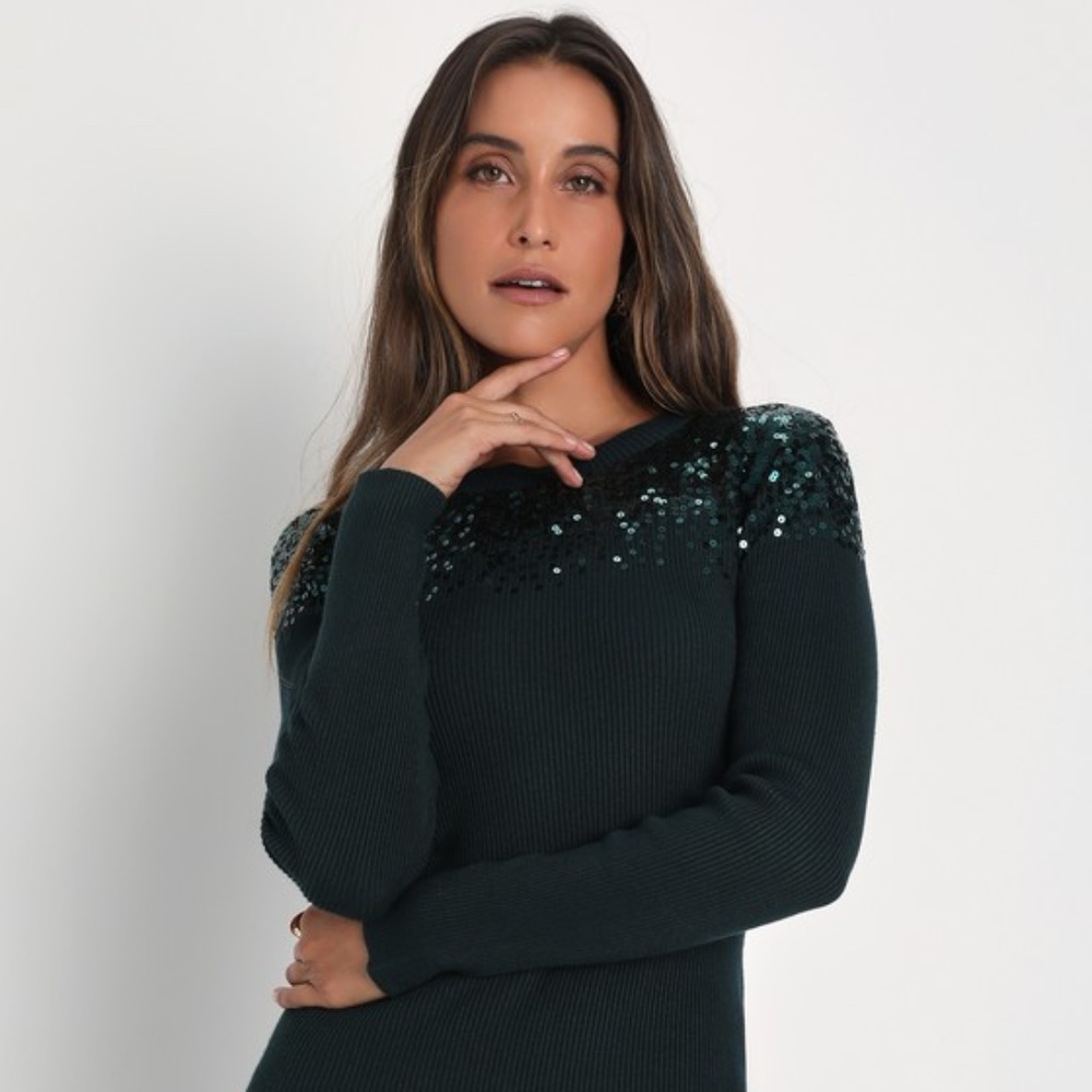 Snow Stopper Emerald Green Ribbed Sequin Mini Sweater Dress